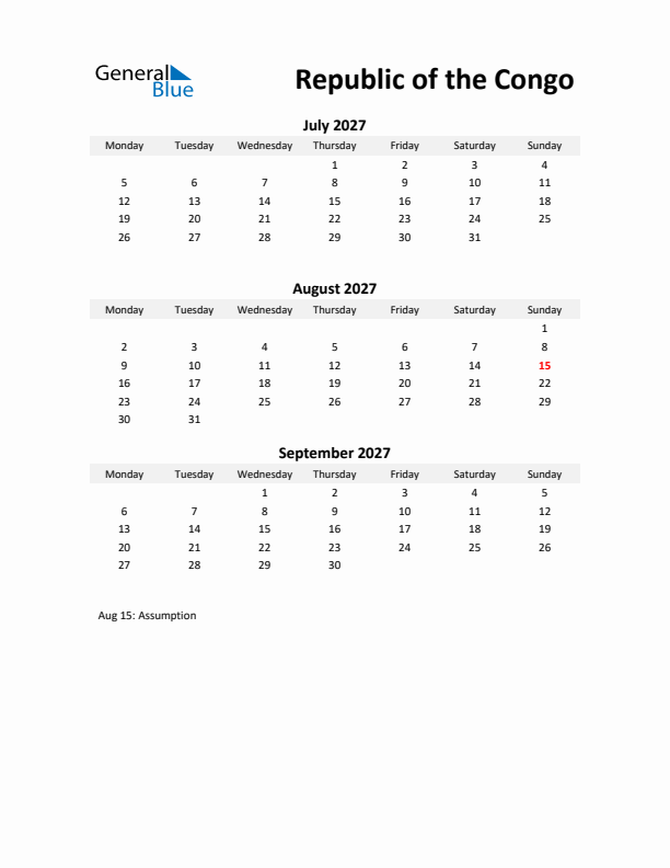 Printable Quarterly Calendar with Notes and Republic of the Congo Holidays- Q3 of 2027