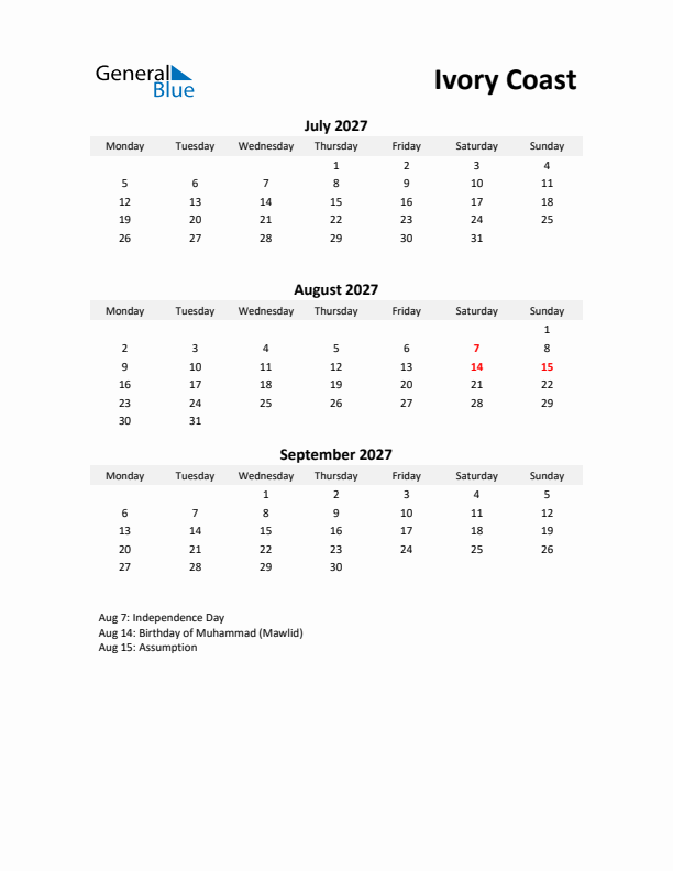 Printable Quarterly Calendar with Notes and Ivory Coast Holidays- Q3 of 2027