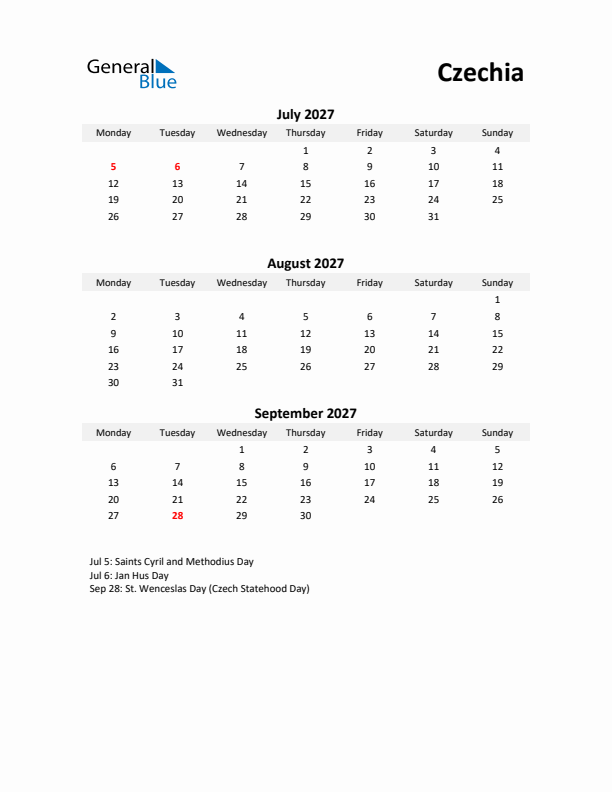Printable Quarterly Calendar with Notes and Czechia Holidays- Q3 of 2027