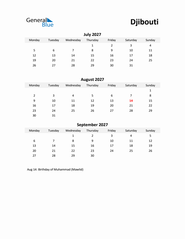 Printable Quarterly Calendar with Notes and Djibouti Holidays- Q3 of 2027
