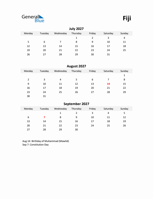 Printable Quarterly Calendar with Notes and Fiji Holidays- Q3 of 2027