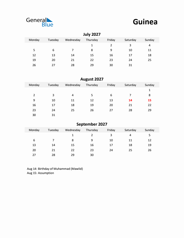 Printable Quarterly Calendar with Notes and Guinea Holidays- Q3 of 2027