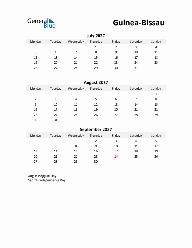 Printable Quarterly Calendar with Notes and Guinea-Bissau Holidays- Q3 of 2027
