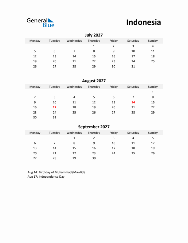 Printable Quarterly Calendar with Notes and Indonesia Holidays- Q3 of 2027