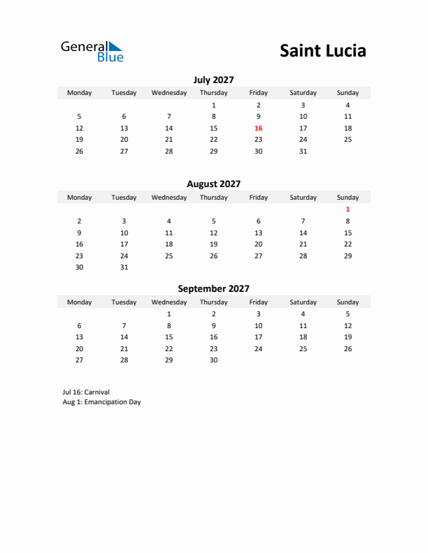 Printable Quarterly Calendar with Notes and Saint Lucia Holidays- Q3 of 2027