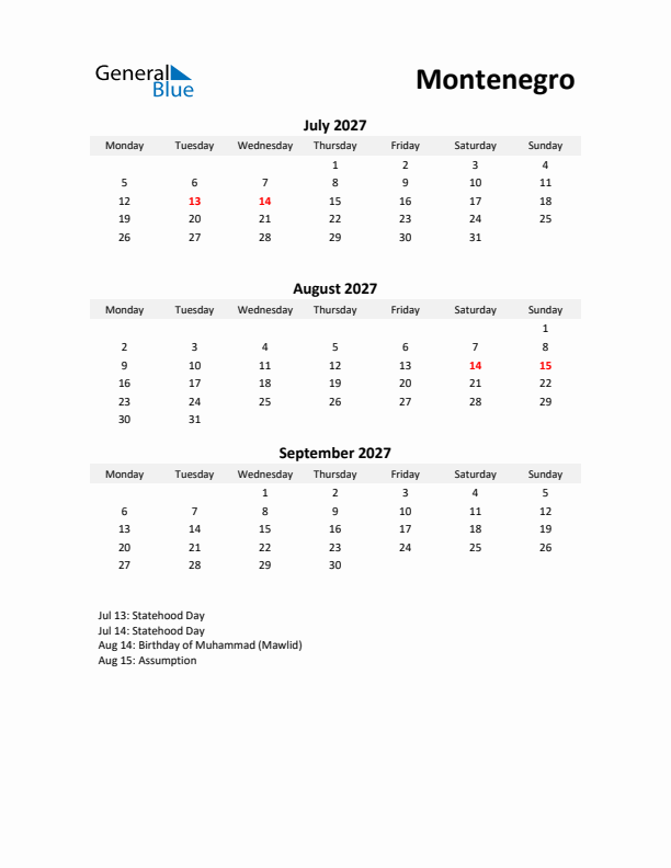 Printable Quarterly Calendar with Notes and Montenegro Holidays- Q3 of 2027