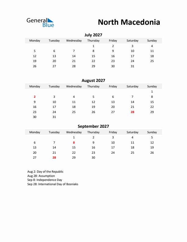 Printable Quarterly Calendar with Notes and North Macedonia Holidays- Q3 of 2027