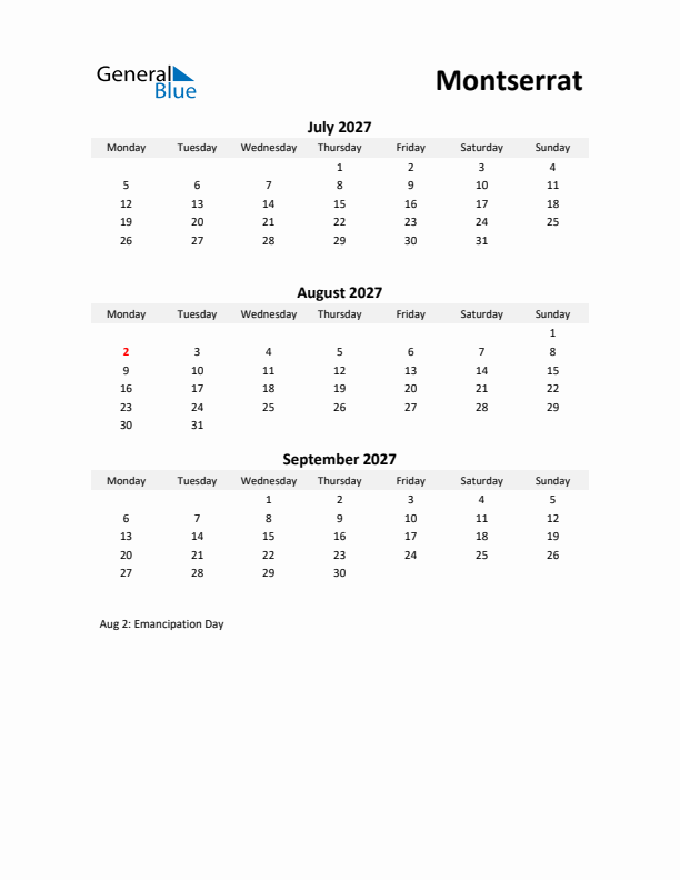 Printable Quarterly Calendar with Notes and Montserrat Holidays- Q3 of 2027