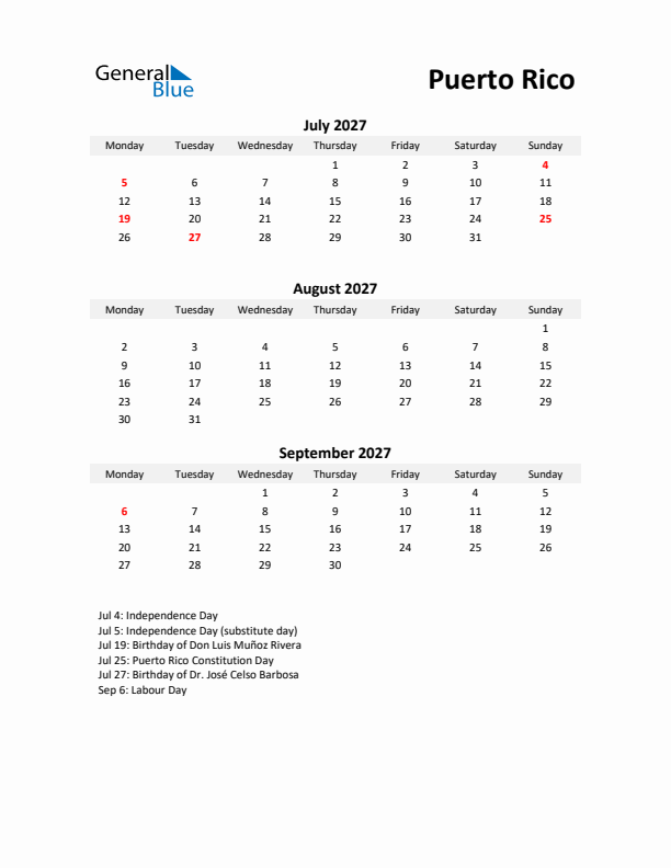 Printable Quarterly Calendar with Notes and Puerto Rico Holidays- Q3 of 2027