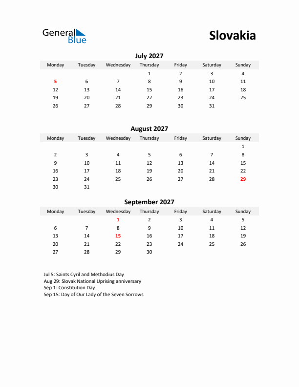 Printable Quarterly Calendar with Notes and Slovakia Holidays- Q3 of 2027