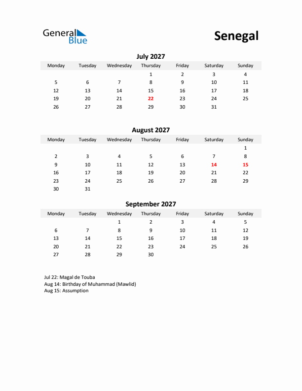 Printable Quarterly Calendar with Notes and Senegal Holidays- Q3 of 2027