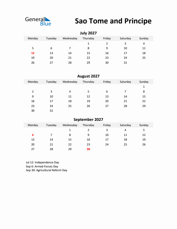 Printable Quarterly Calendar with Notes and Sao Tome and Principe Holidays- Q3 of 2027