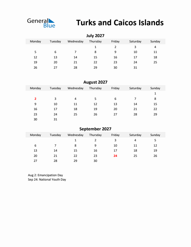 Printable Quarterly Calendar with Notes and Turks and Caicos Islands Holidays- Q3 of 2027