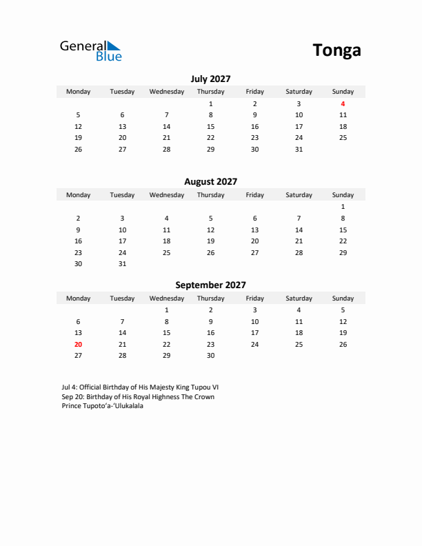Printable Quarterly Calendar with Notes and Tonga Holidays- Q3 of 2027