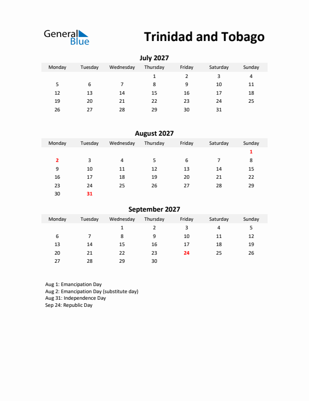 Printable Quarterly Calendar with Notes and Trinidad and Tobago Holidays- Q3 of 2027