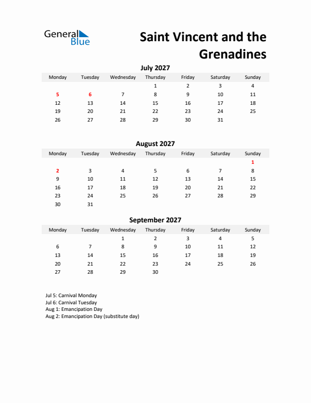 Printable Quarterly Calendar with Notes and Saint Vincent and the Grenadines Holidays- Q3 of 2027