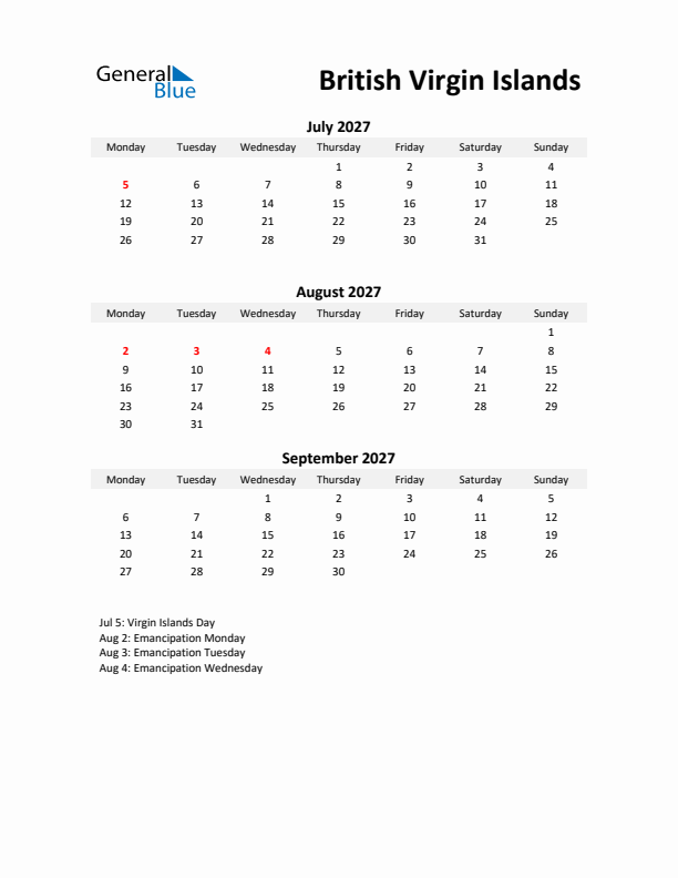 Printable Quarterly Calendar with Notes and British Virgin Islands Holidays- Q3 of 2027