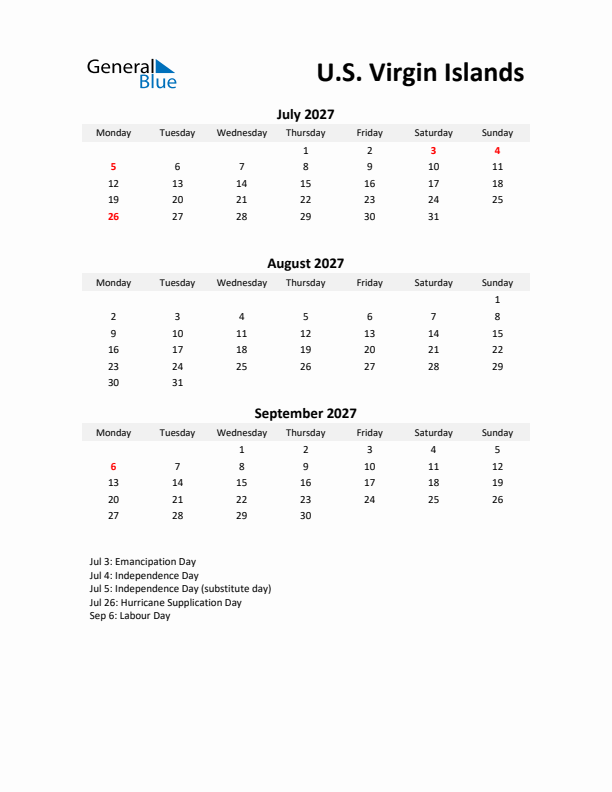 Printable Quarterly Calendar with Notes and U.S. Virgin Islands Holidays- Q3 of 2027