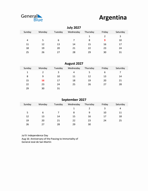Printable Quarterly Calendar with Notes and Argentina Holidays- Q3 of 2027