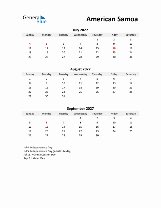Printable Quarterly Calendar with Notes and American Samoa Holidays- Q3 of 2027
