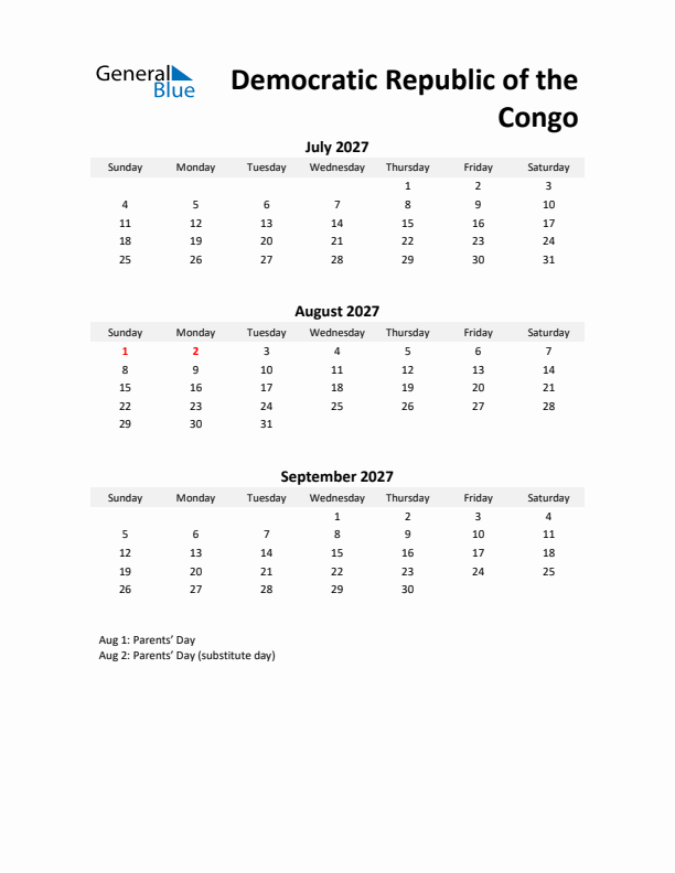 Printable Quarterly Calendar with Notes and Democratic Republic of the Congo Holidays- Q3 of 2027