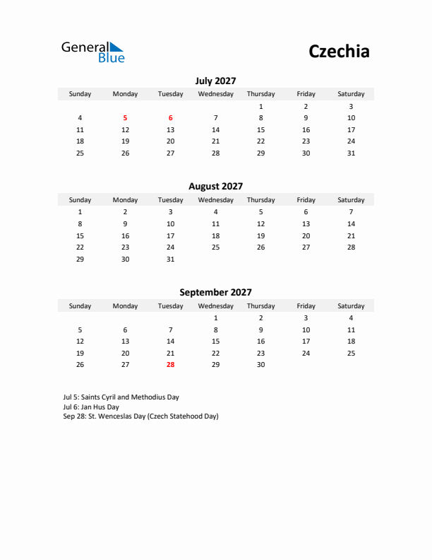 Printable Quarterly Calendar with Notes and Czechia Holidays- Q3 of 2027