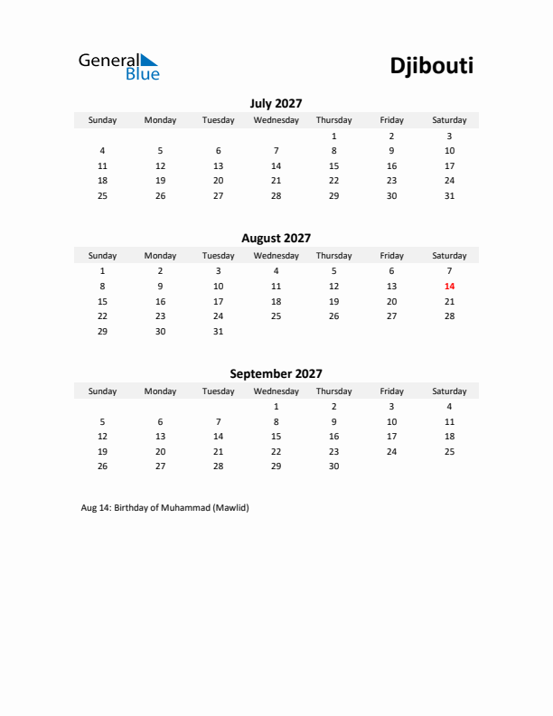 Printable Quarterly Calendar with Notes and Djibouti Holidays- Q3 of 2027