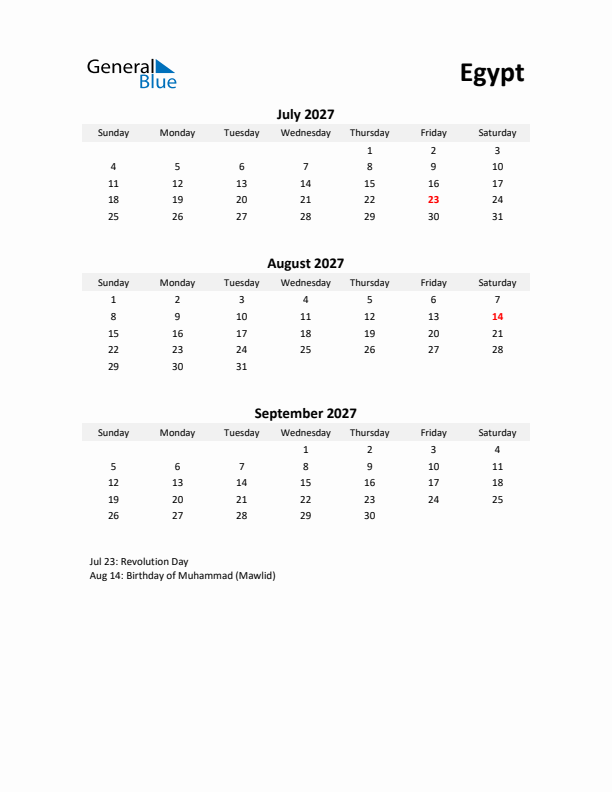 Printable Quarterly Calendar with Notes and Egypt Holidays- Q3 of 2027