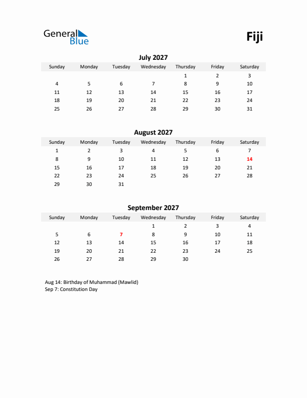 Printable Quarterly Calendar with Notes and Fiji Holidays- Q3 of 2027