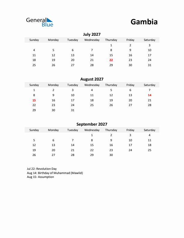 Printable Quarterly Calendar with Notes and Gambia Holidays- Q3 of 2027