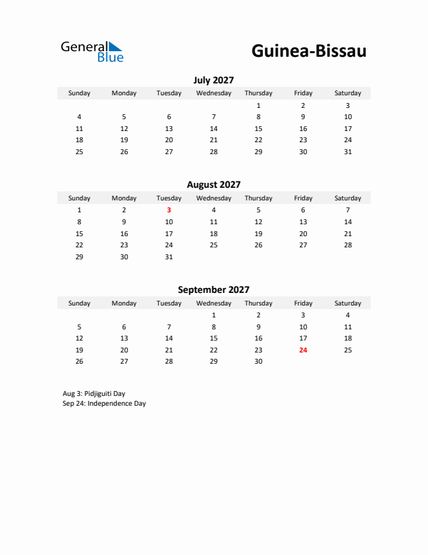 Printable Quarterly Calendar with Notes and Guinea-Bissau Holidays- Q3 of 2027