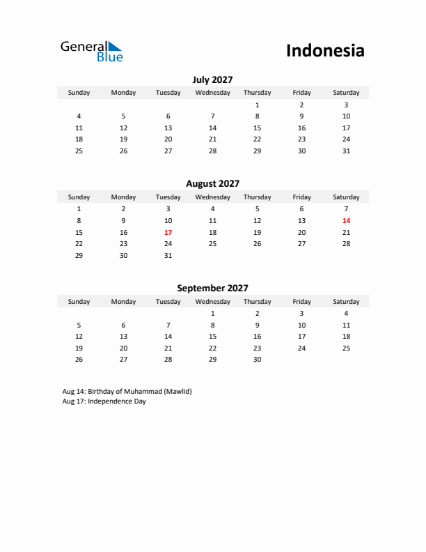 Printable Quarterly Calendar with Notes and Indonesia Holidays- Q3 of 2027