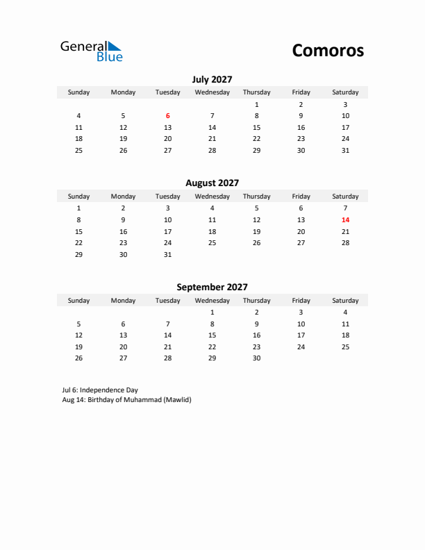 Printable Quarterly Calendar with Notes and Comoros Holidays- Q3 of 2027