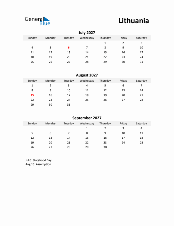 Printable Quarterly Calendar with Notes and Lithuania Holidays- Q3 of 2027