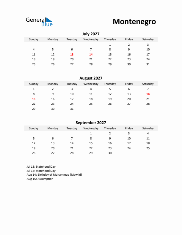 Printable Quarterly Calendar with Notes and Montenegro Holidays- Q3 of 2027