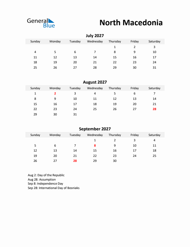 Printable Quarterly Calendar with Notes and North Macedonia Holidays- Q3 of 2027