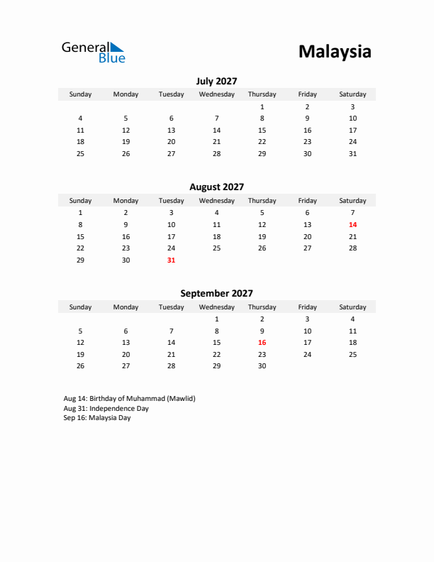 Printable Quarterly Calendar with Notes and Malaysia Holidays- Q3 of 2027