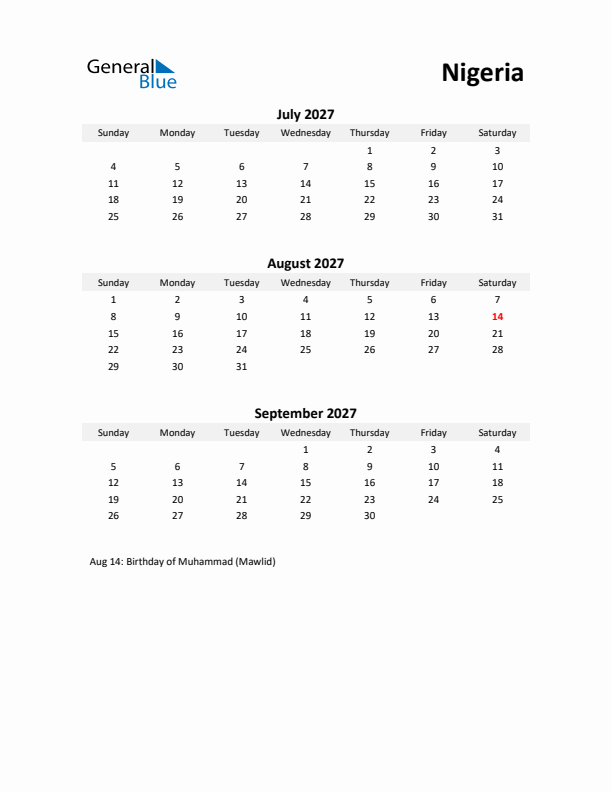 Printable Quarterly Calendar with Notes and Nigeria Holidays- Q3 of 2027