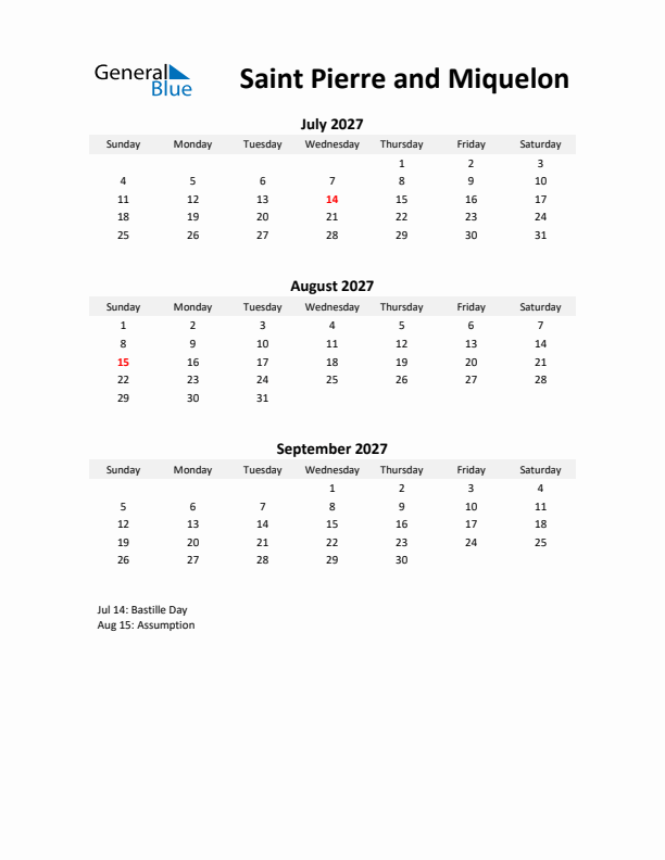 Printable Quarterly Calendar with Notes and Saint Pierre and Miquelon Holidays- Q3 of 2027