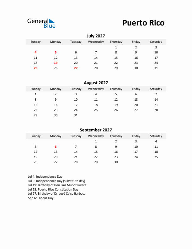 Printable Quarterly Calendar with Notes and Puerto Rico Holidays- Q3 of 2027