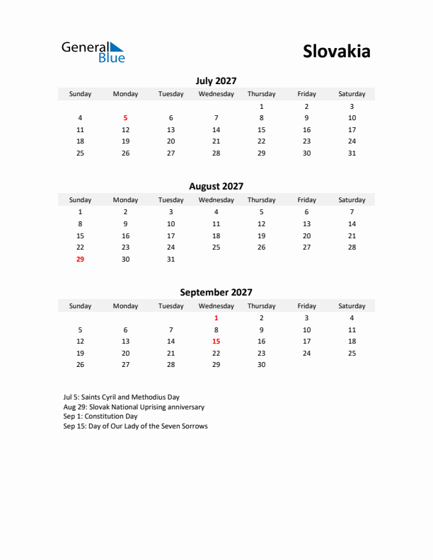 Printable Quarterly Calendar with Notes and Slovakia Holidays- Q3 of 2027