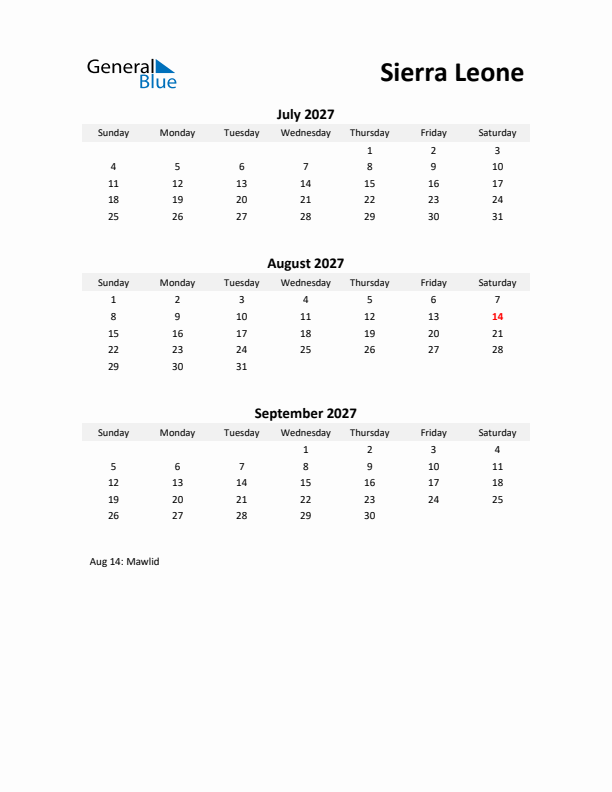 Printable Quarterly Calendar with Notes and Sierra Leone Holidays- Q3 of 2027