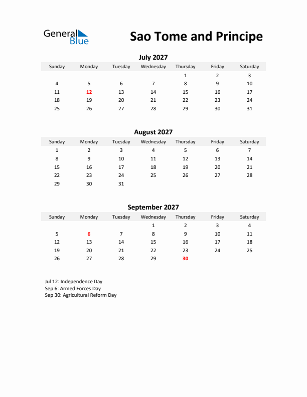 Printable Quarterly Calendar with Notes and Sao Tome and Principe Holidays- Q3 of 2027