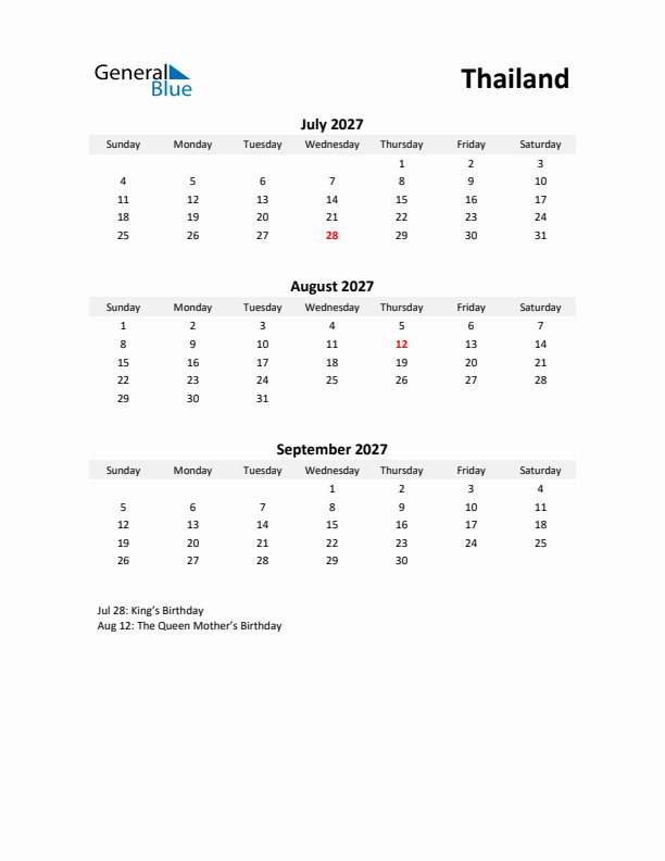 Printable Quarterly Calendar with Notes and Thailand Holidays- Q3 of 2027