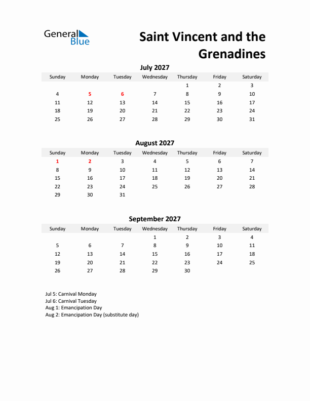Printable Quarterly Calendar with Notes and Saint Vincent and the Grenadines Holidays- Q3 of 2027