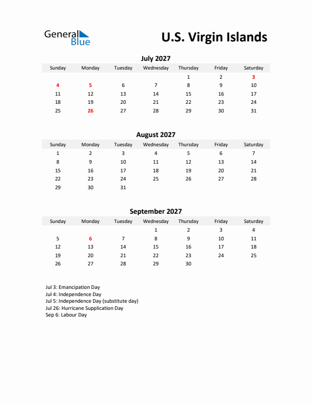 Printable Quarterly Calendar with Notes and U.S. Virgin Islands Holidays- Q3 of 2027