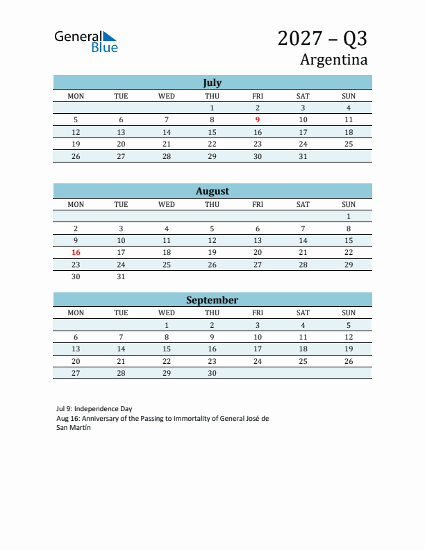 Three-Month Planner for Q3 2027 with Holidays - Argentina