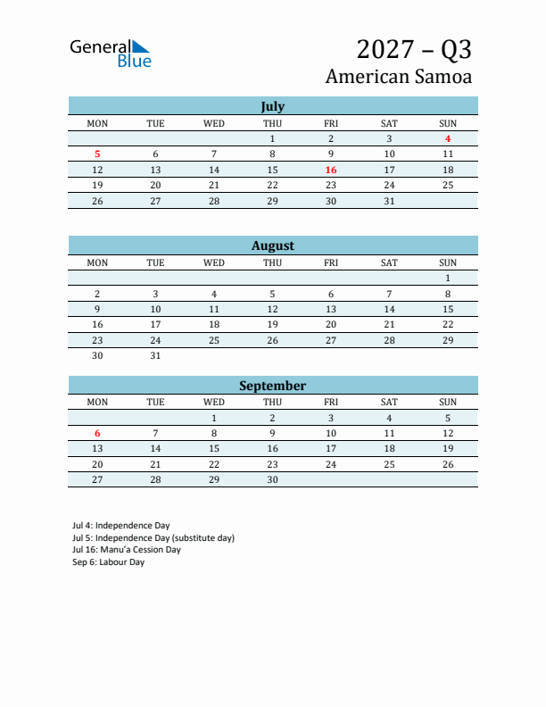 Three-Month Planner for Q3 2027 with Holidays - American Samoa