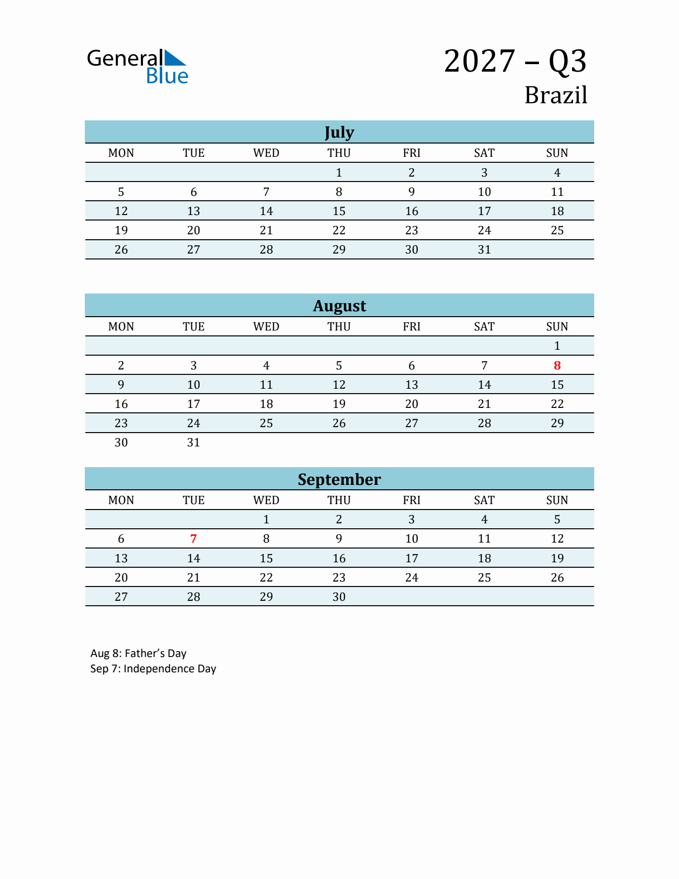 Three-Month Planner for Q3 2027 with Holidays - Brazil