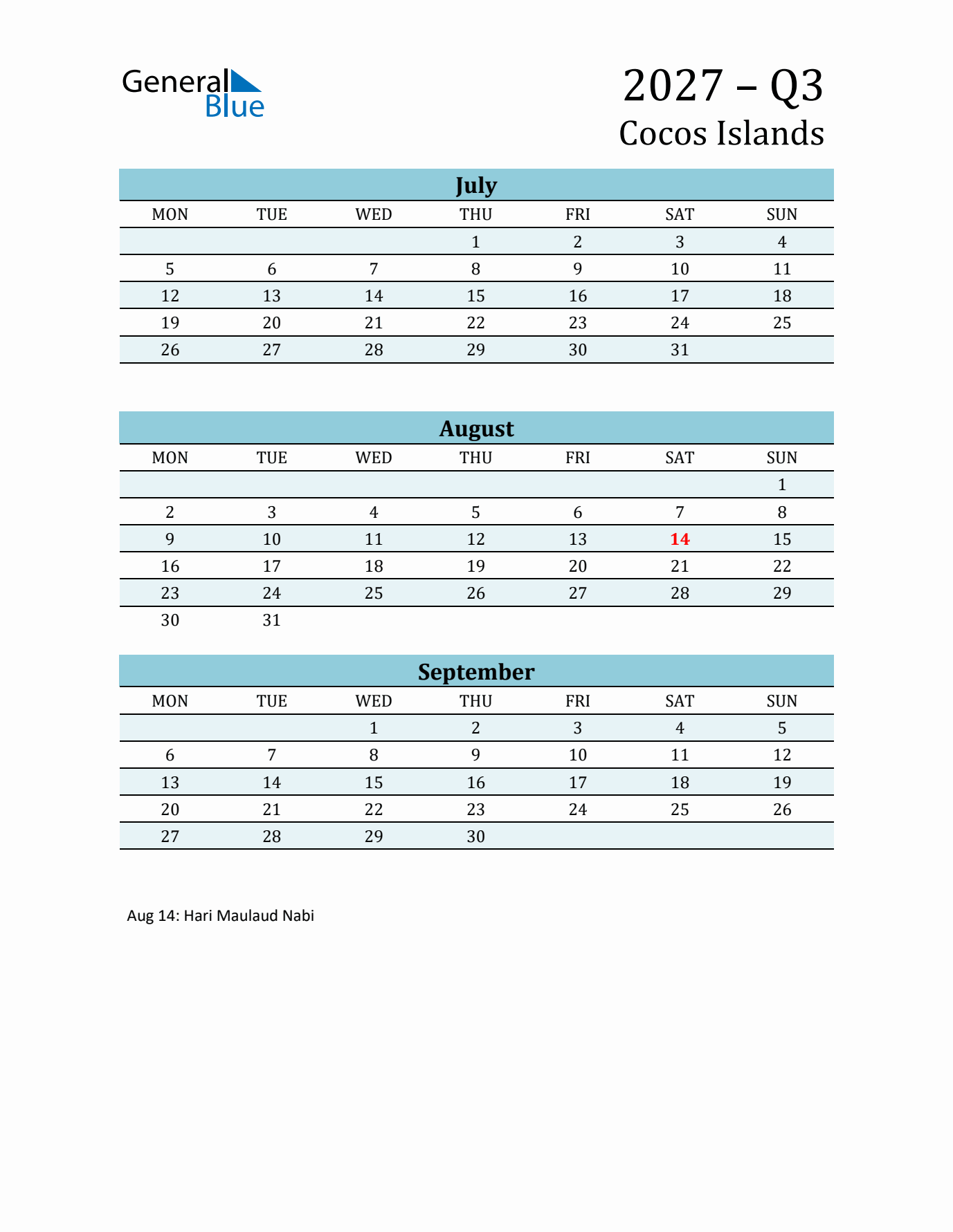 Three-Month Planner for Q3 2027 with Holidays - Cocos Islands